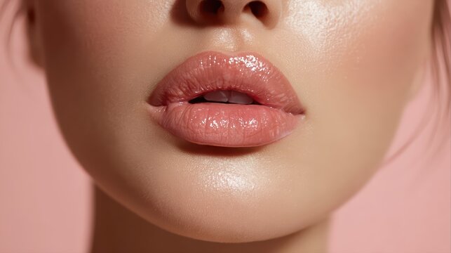 Glossy pink lips with flawless skin are showcased in this captivating closeup. The image highlights beauty, makeup, and sensuality with a focus on lip perfection.