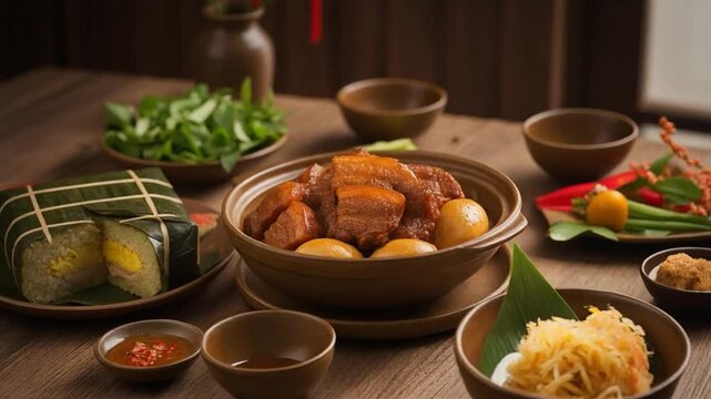 Traditional Asian meal with braised meat, vegetables, rice, and side dishes served in ceramic bowls, presented as a warm, authentic home-style dining experience.