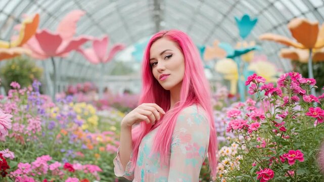 Portrait of a Young Woman with Pink Hair in a Lush Flower Garden wearing a Floral Dress with Soft Lighting for Adobe Stock Photo
