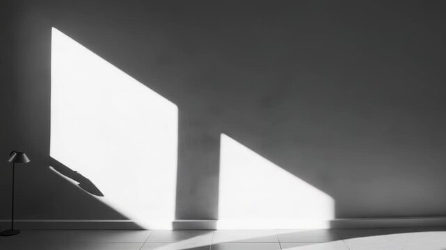 Bright sunlight streams into a clean, empty room with grey walls and tiled floor, highlighting a minimalist standing lamp, symbolizing new beginnings and opportunity