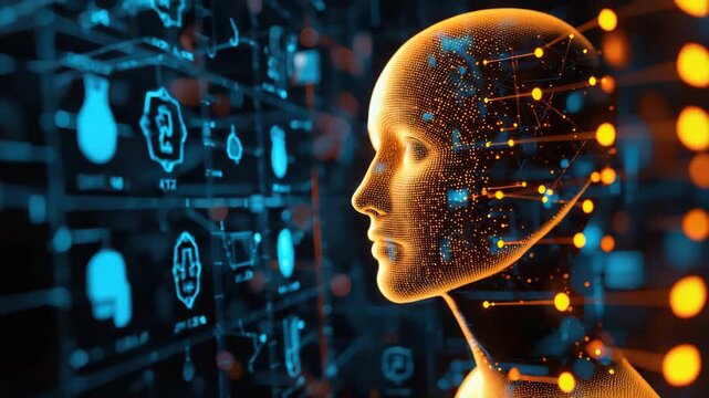 Digital artificial intelligence neural network profile with glowing data nodes circuit interface