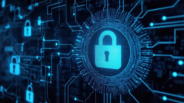 Blue digital padlock circuit board cybersecurity data protection padlock digital lock network