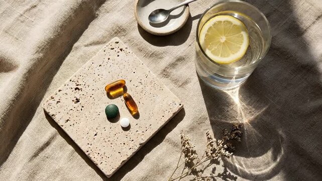 Flat lay of dietary supplements and vitamins on a stone tile with lemon water. Top view of health pills, omega-3 capsule, and spirulina in sunlight. Daily nutrition and wellness concept