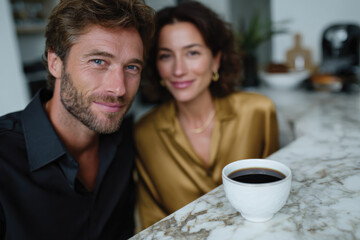Fototapeta premium A stylish couple enjoying coffee at a chic café, displaying warmth and connection, epitomizing a modern lifestyle filled with love and shared experiences in a beautiful setting.