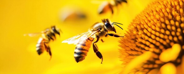 Close-up of honeybees collecting pollen from a vibrant yellow flower.