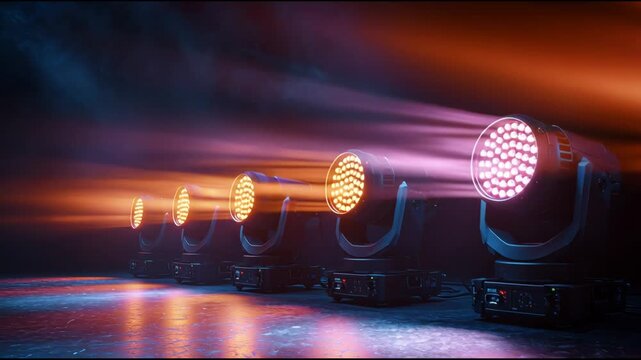 Moving Head Lights Create Dynamic Diagonal Patterns in Light Show at Local Event Venue During the Evening
