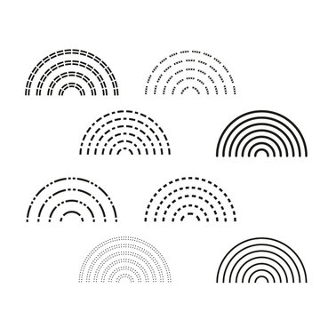 Semicircle arc set. Curvy line pattern. Geometric arch Vector. Minimalist shape collection.