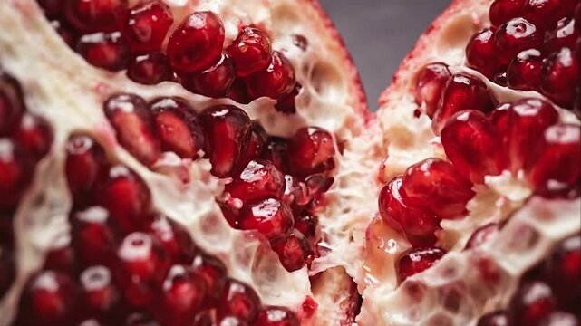 Macro shot of a ripe pomegranate cut in half showing red seeds. Close-up panning view of fresh juicy arils and white membrane. Healthy nutrition and antioxidant food concept