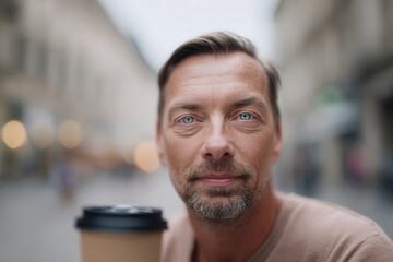 Naklejka premium Confident man enjoying a coffee break, looking directly at viewer in an urban setting