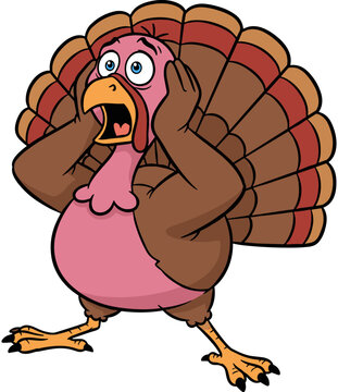 Scared cartoon turkey character panicking for Thanksgiving dinner, funny bird screaming in fear, vector illustration, isolated on a white background.
