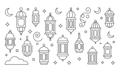 Islamic lanterns and crescent moons on white background © StockVerse