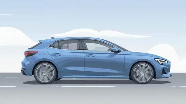 A light blue hatchback car, vector illustration, driving on a road under a pale sky