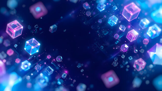 Vibrant neon cubes floating in dark space with glowing effects