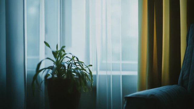 Houseplant in a terracotta pot on a round side table by a window with sheer white and gold curtains, soft natural light, dark blue armchair and calm, cozy indoor mood