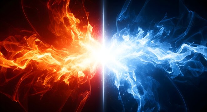 Fire and ice energy collision with red and blue flames meeting at center, powerful contrast of heat and cold, elemental battle concept, dramatic abstract background and cosmic force theme