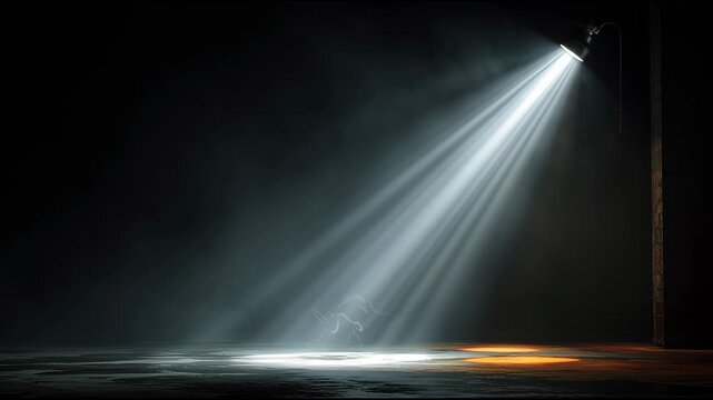 Spotlight Shines Through Smoke in Minimal Dark Setting, Creating an Engaging Visual Display With Focused Illumination and Soft Shadows