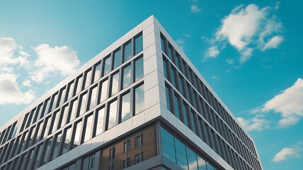 Obraz premium Modern office building with vertical glass grid and white framing—capturing sleek architecture, geometric perspective, and natural light interplay in a contemporary urban setting