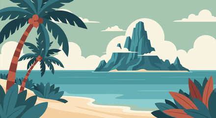Vibrant vector illustration of a tropical island paradise with palm trees and a sandy beach, perfect for travel and nature themes © PDWN Creative