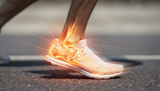 A conceptual close-up of a runner's foot with an orange glowing anatomical overlay showing bones highlighting potential ankle injury or bio-mechanical stress.