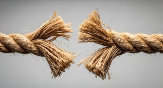 Close-up view of two twisted rope ends with loose fibers