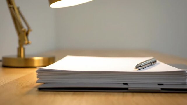 Close up of a metal pen resting on a stack of white papers on a wooden desk under a golden desk lamp with a white wall in the background