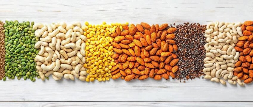 Assortment of dried lentils seeds nuts and legumes arranged in colorful rows on white wood