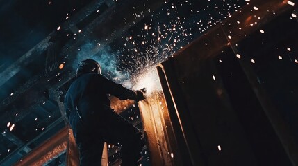 Professional welder working on metal beam, sparks flying, industrial manufacturing