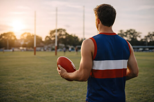 Australian football player holding ball on field at sunset
