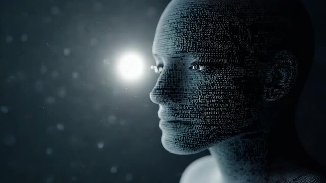 Artificial intelligence digital code face glowing eye futuristic humanoid profile evoking
