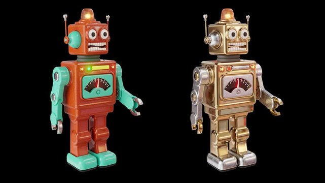 Two vintage retro robots on a transparent background move in a seamless loop.