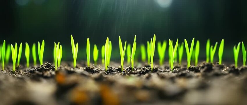Young bright green sprouts emerge from dark soil under light rain in closeup
