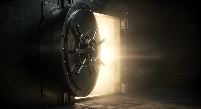Open Heavy Steel Bank Vault Door with Bright Rays of Light and Fog Emitting from the Safe Room