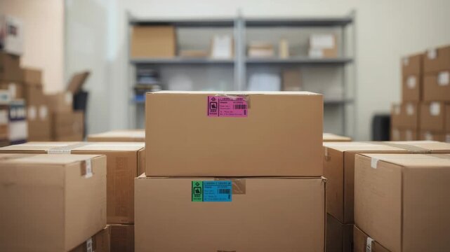 Stacked box cardboard package in warehouse storage with colorful shipping label and shelving
