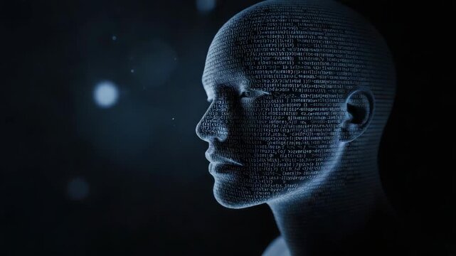 Digital human profile face with flowing code texture and binary overlay conveying futuristic
