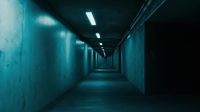 Dark, empty underground passage with illuminated ceiling lights creating a sense of depth and mystery, perfect for themes of journey, urban exploration, and unknown paths