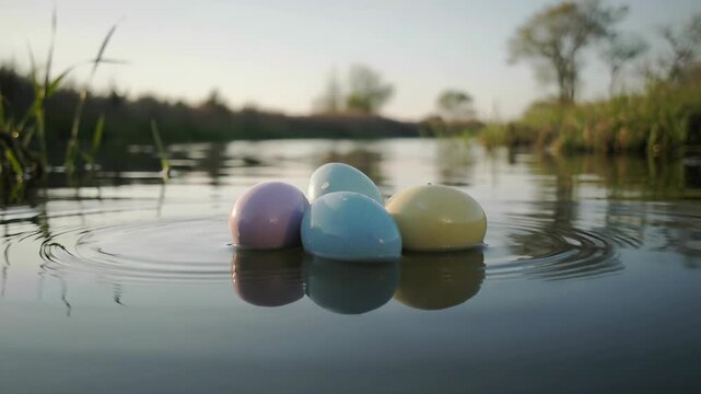 Four delightful pastel eggs softly rest on the calm surface of a reflective pond, creating gentle ripples that spread outwards under the ethereal glow of sunrise amidst green reeds.