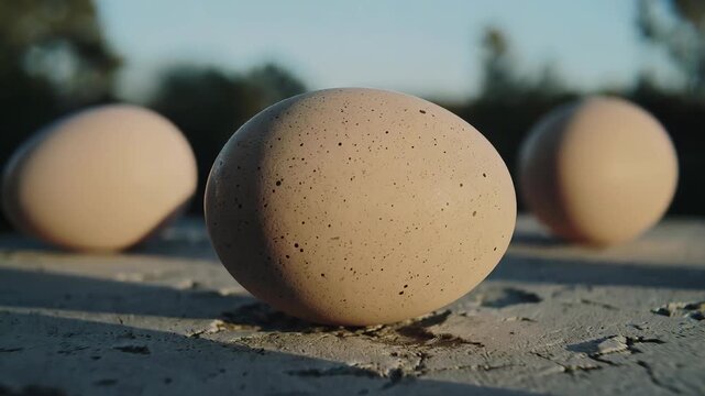 Several humble eggs appear delicately placed on a rough, textured stone block outdoors, bathed in the tranquil, warm light of dawn or dusk, creating a serene moment.