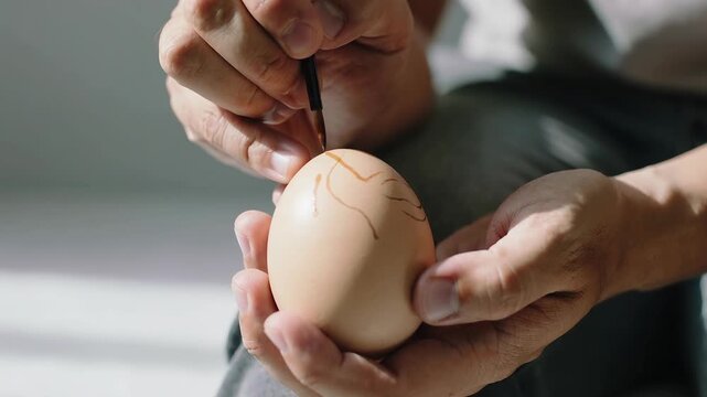 Inside a sunlit room, a person's hands meticulously adorn an eggshell with elegant dark lines.