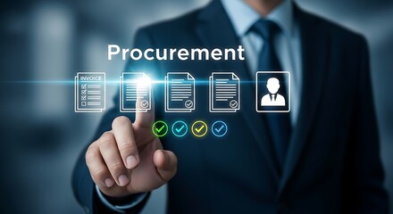 Fototapeta premium Businessman interacting with procurement documents and checklists on digital interface