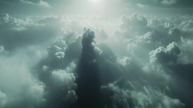 High altitude view flying above a vast, dramatic cloud formation, with bright sunlight shining and filtering through the thick, voluminous clouds, creating a somber atmospheric background