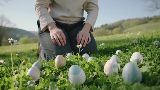 Gentle hands carefully place delicate, patterned Easter eggs amongst wildflowers in a sun-kissed, emerald meadow. A serene springtime ritual unfolds in nature's embrace.