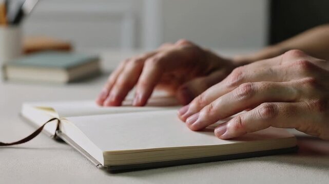 A person's fingers gently explore the aged, cream-colored pages of a journal or notebook, turning each textured leaf with thoughtful precision on a bright tabletop, beckoning stories.