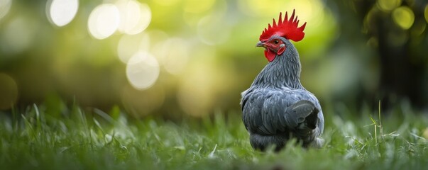 Majestic gray rooster with vibrant red comb standing in green grass