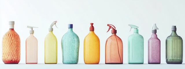 Vibrant Row of Colorful Cleaning Product Bottles and Spray Dispensers on a White Background