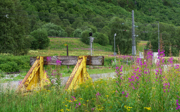 A buffer stop is seen in a field of tall grass and flowers in Norway. Tracks can be seen in the background along with trees and signaling equipment nearby