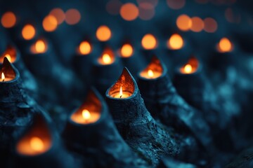 Glowing Lit Candles in Rustic Organic Holders with Warm Orange Bokeh Background