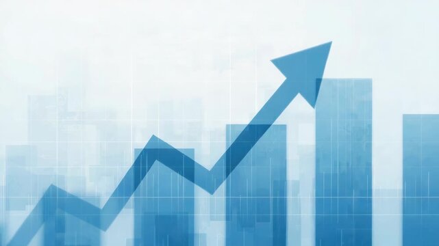 Blue rising arrow chart over translucent city skyline showing finance growth and upward trend