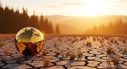 Climate Change Drought Concept with Earth Globe on Cracked Dry Land, Global Warming Crisis, Environmental Disaster and Sustainability Awareness Background