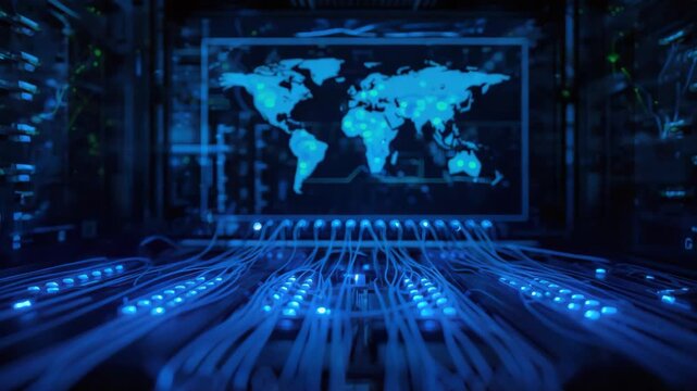 Global network server rack with blue network cable connectivity and secure data technology