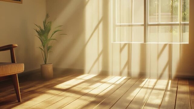 Sunlight casting strong shadows across a rustic wooden floor and beige wall, illuminating a comfortable armchair and a small houseplant, creating a cozy and inviting home interior scene